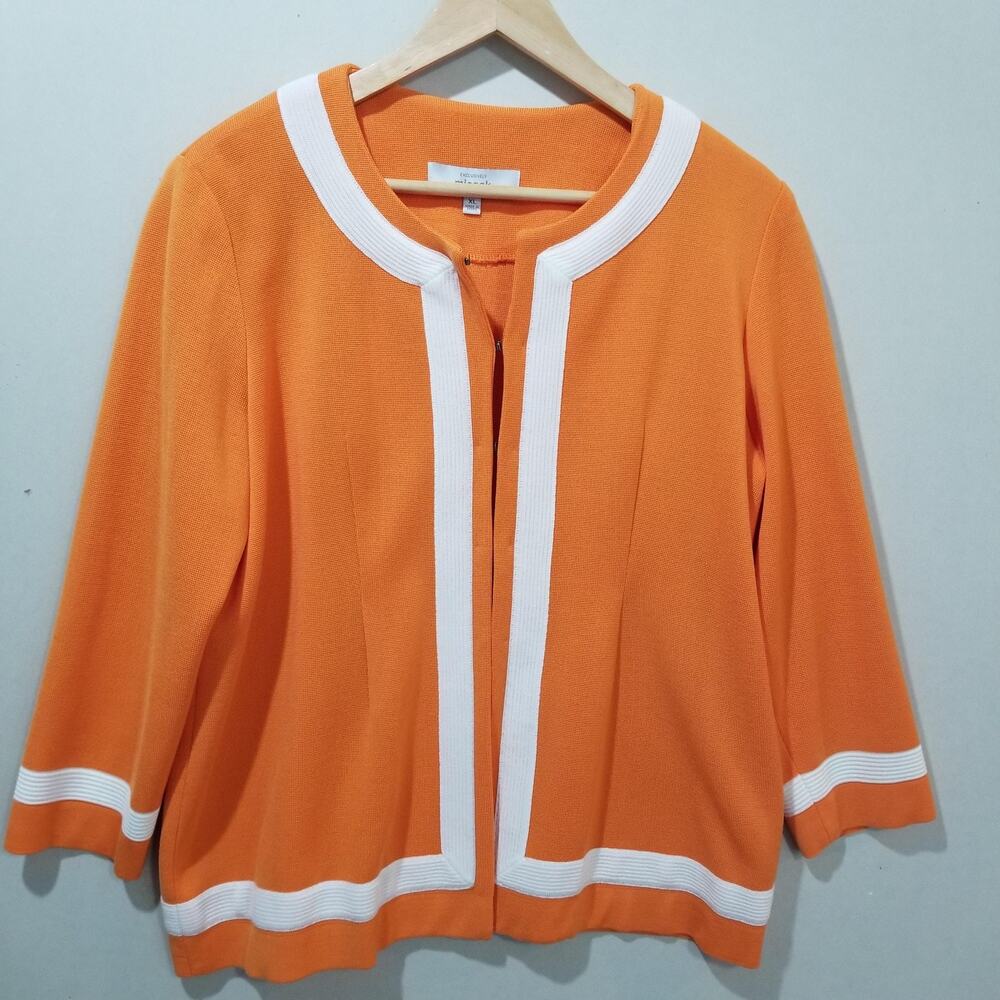 Misook Cardigan Sweater Womens XL Orange White Zip Front Knit Jacket 3/4 Sleeve